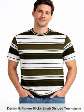 Denim & Flower Ricky Singh Striped Tee Mens M Black White Olive